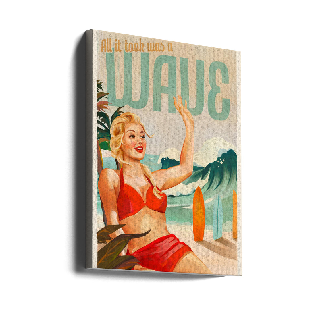 Surfing Pinup Girl On Beach In Bikini by The Whiskey Ginger | Retro Beach Pinup, Large Canvas Wall Art Print | Artsy Earth