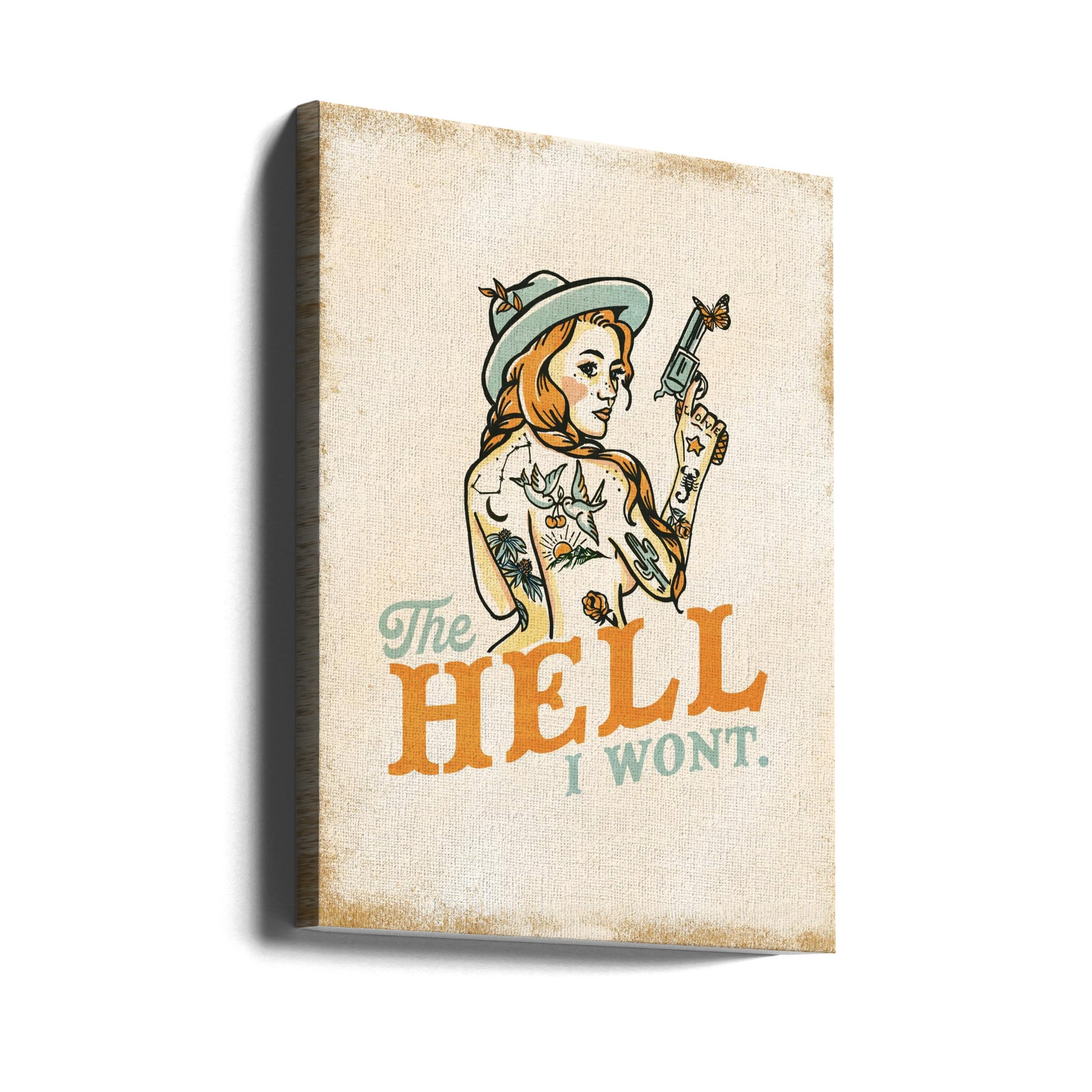 Hell I Wont Sassy Pinup by The Whiskey Ginger | Tattooed Cowgirl Illustration, Large Canvas Wall Art Print | Artsy Earth