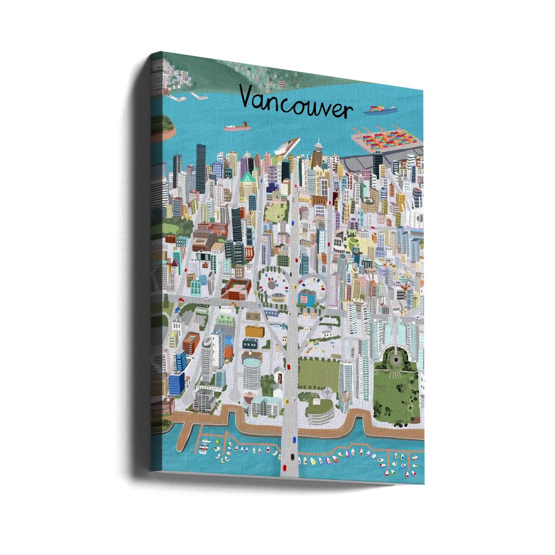 View Over Vancouver City by Carla Daly | Urban Harbor Illustration, Large Canvas Wall Art Print | Artsy Earth