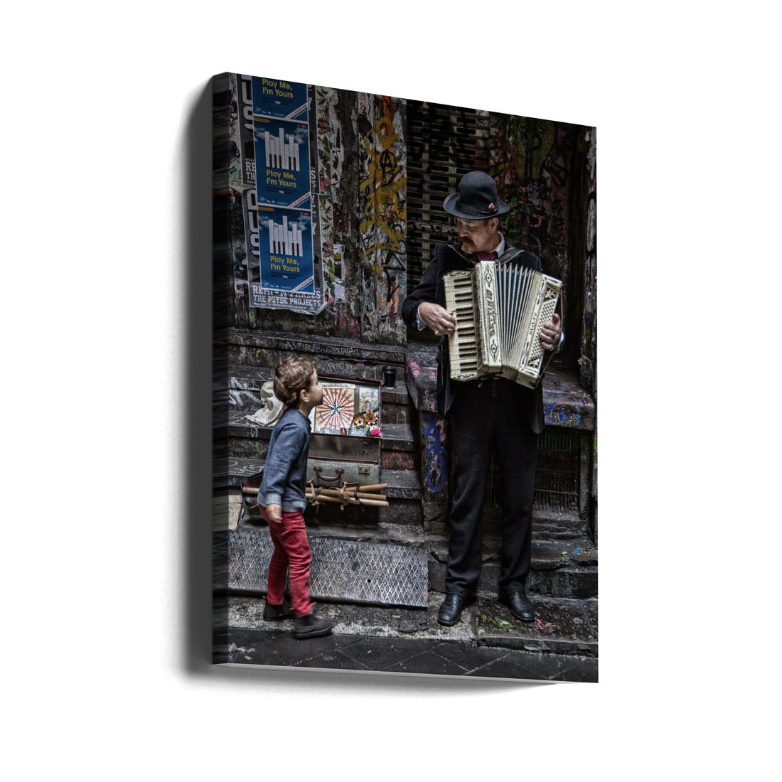 The Busker And The Boy by Vince Russell | Street Music Performance, Large Canvas Wall Art Print | Artsy Earth