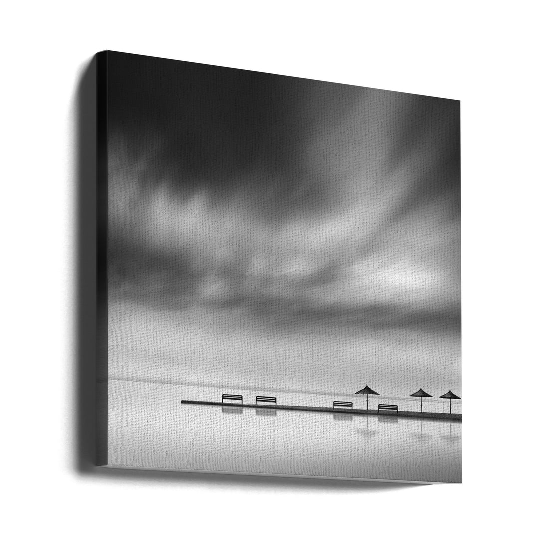 Four Benches and Three Umbrellas by George Digalakis | Peaceful Beach Landscape, Large Canvas Wall Art Print | Artsy Earth