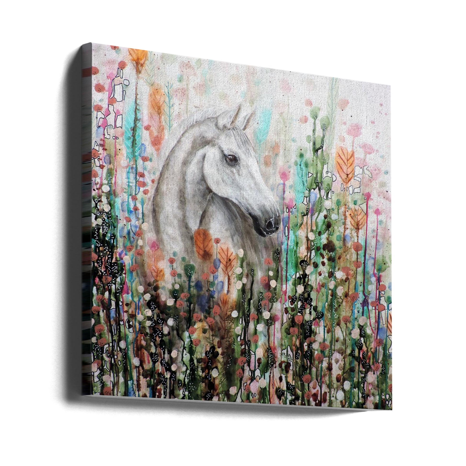 Wild Horse Watercolor by Sylvie Demers | Floral Horse Painting, Large Canvas Wall Art Print | Artsy Earth