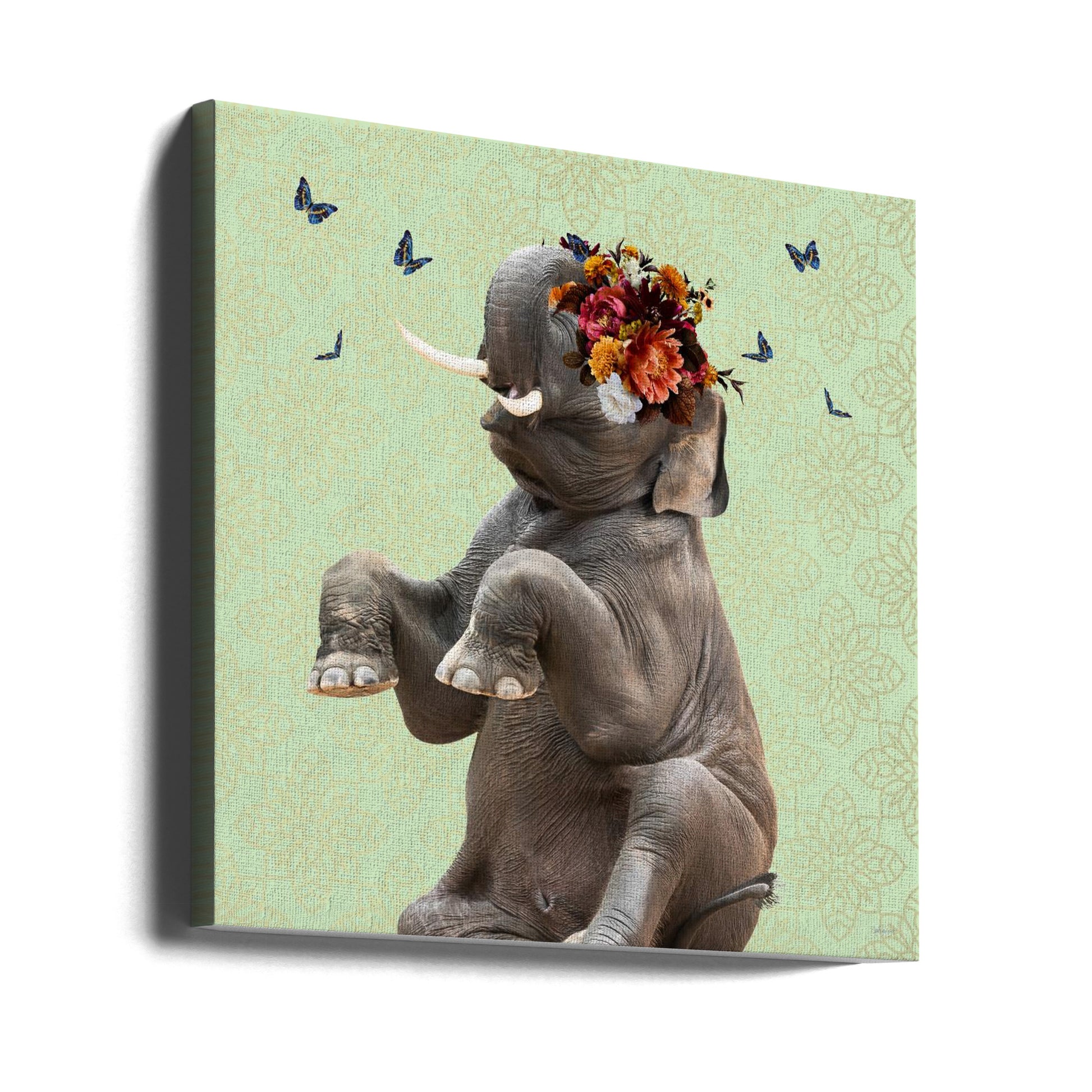 Spring Flower Bonnet On Elephant by Sue Skellern | Surreal Botanical Digital, Large Canvas Wall Art Print | Artsy Earth