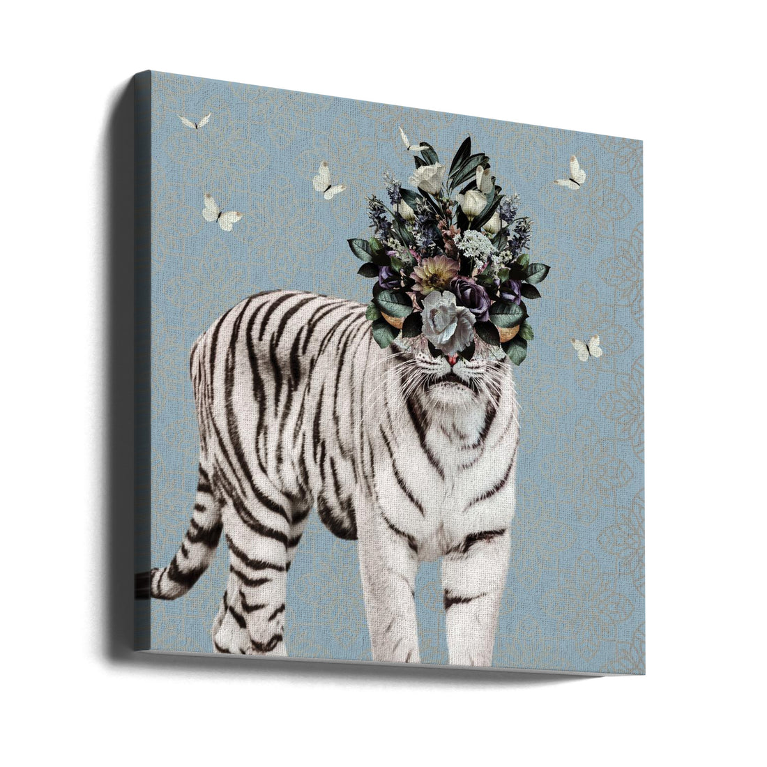 Spring Flower Bonnet On White Tiger by Sue Skellern | Surreal Floral Animal, Large Canvas Wall Art Print | Artsy Earth