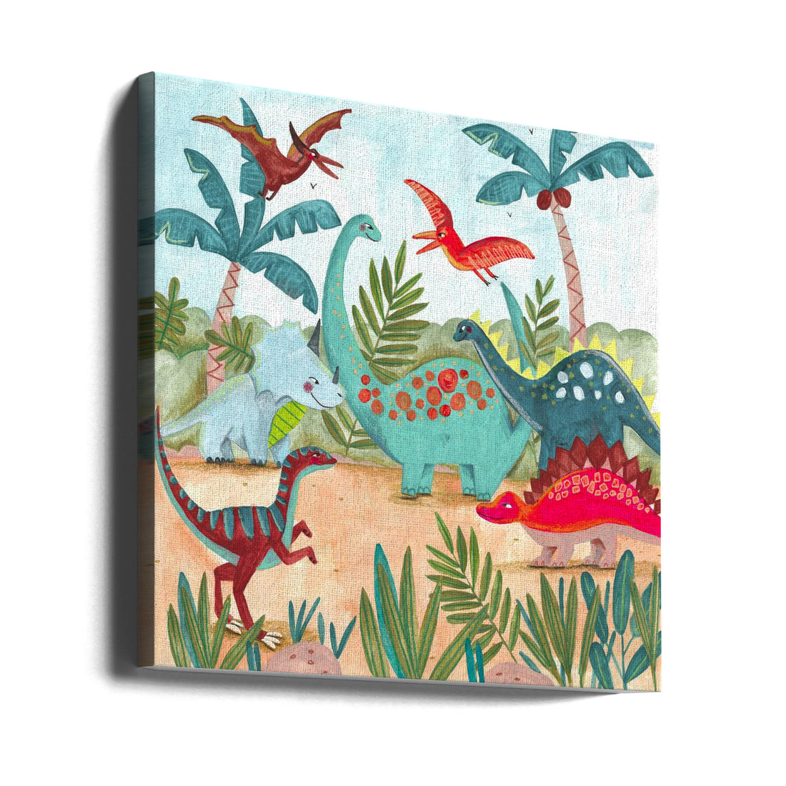 Cute Dinosaur Kids by Caroline Bonne Müller | Tropical Dinosaur Illustration, Large Canvas Wall Art Print | Artsy Earth