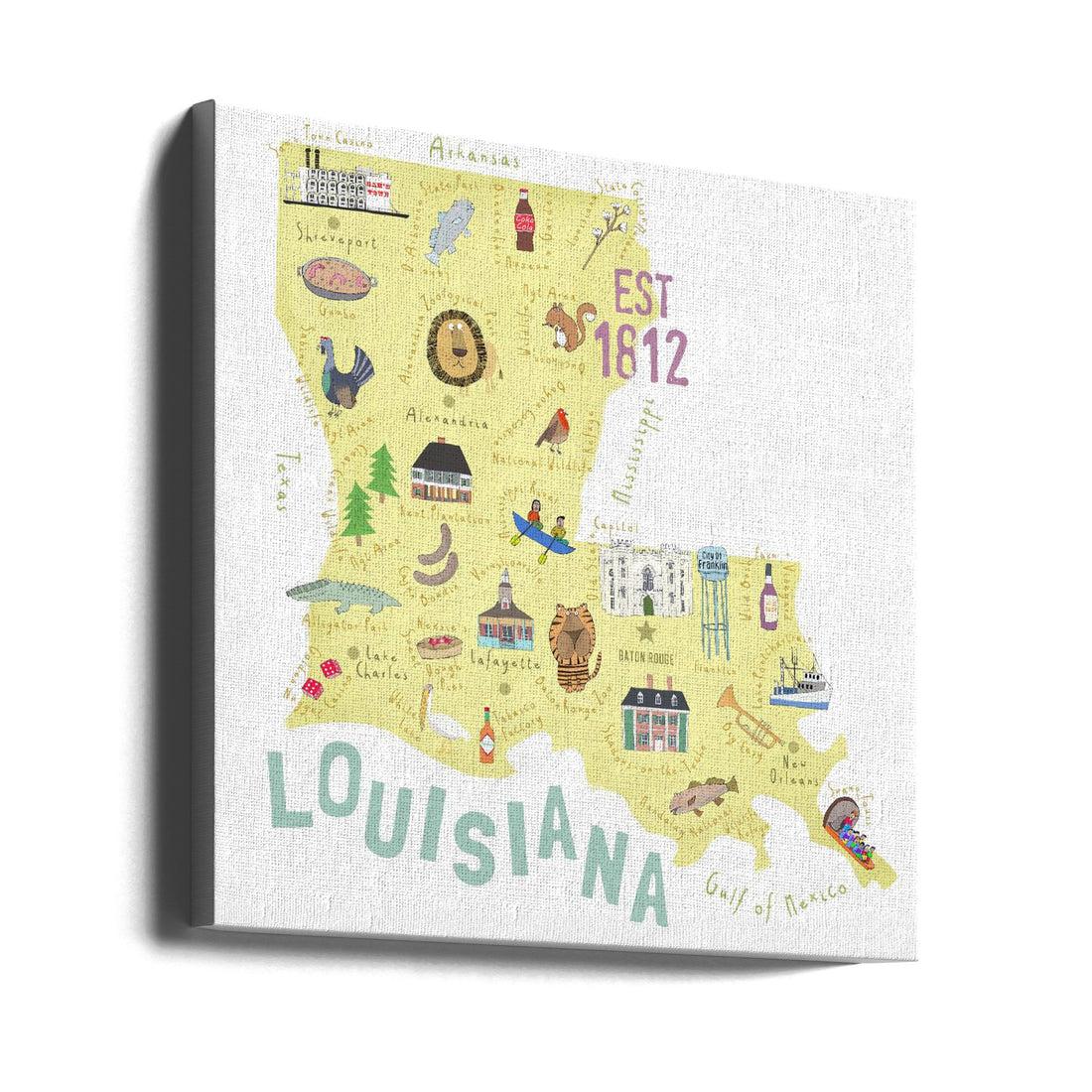 Beautifully Illustrated Map of Louisiana by Carla Daly | Decorative State Tourism, Large Canvas Wall Art Print | Artsy Earth