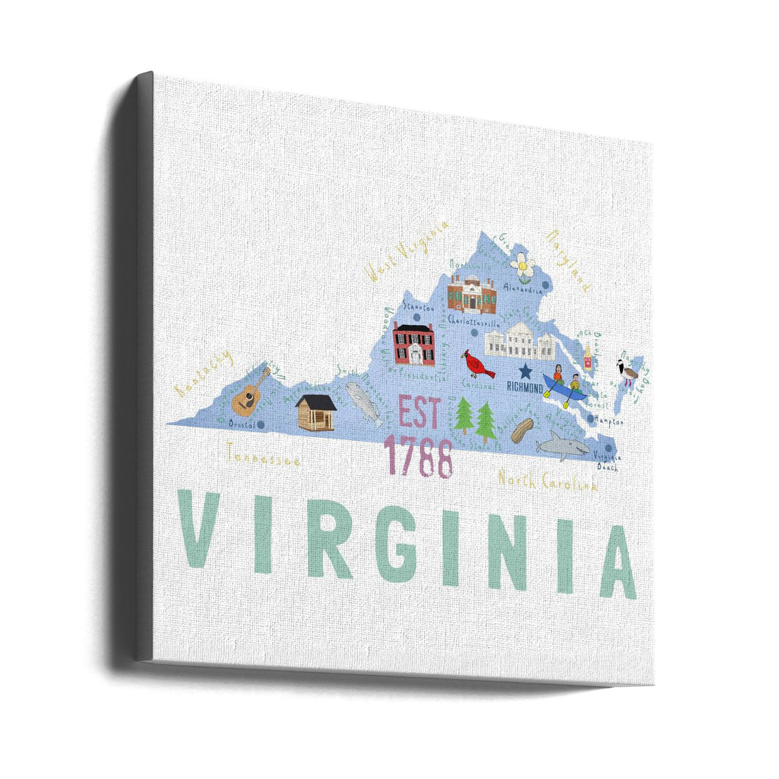 Virginia State Illustrated Map by Carla Daly | Historic Landmarks Illustration, Large Canvas Wall Art Print | Artsy Earth