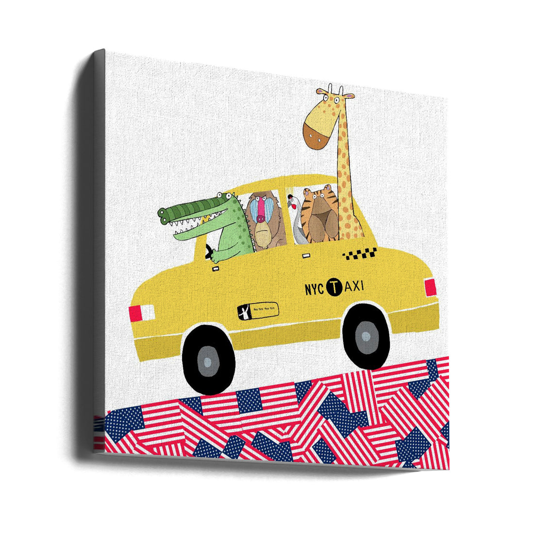 Funny Animals in a New York Yellow Cab by Carla Daly | Cartoon Animal Transportation, Large Canvas Wall Art Print | Artsy Earth